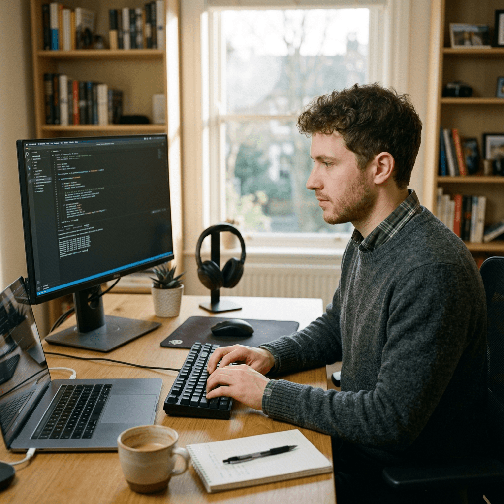 Man typing on keyboard with code displayed on desktop monitor in home office
